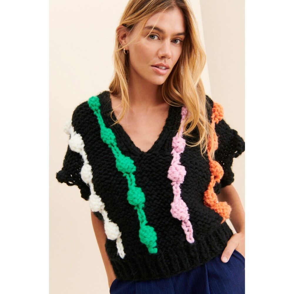 Anthropologie Maeve Bauble Embroidered Knit Sweater Vest Black Motif One Size OS